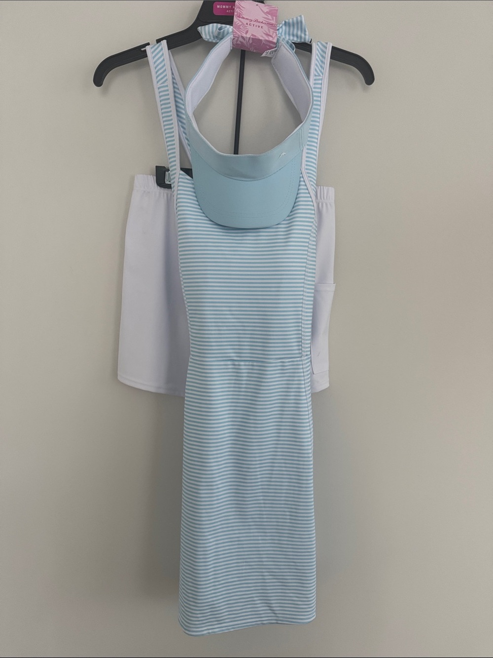 NWT Tommy Bahama Light Blue and White Striped Dress with Shorts and Visor 🎾